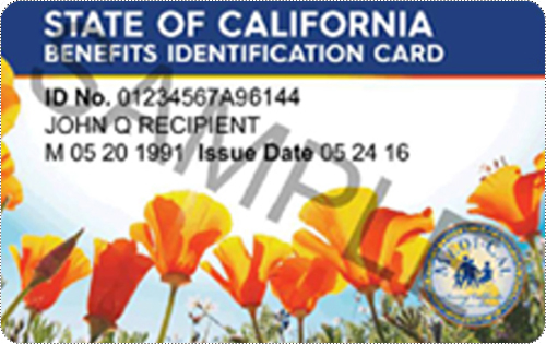 Medi-Cal State of California, Benefits Identification Card with ID No. 01234567A96144, JOHN Q RECEPIENT, M 05 20 1991, Issue Date 05 24 16, front side