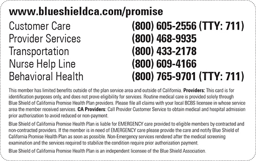 Blue Shield Promise Health Plan, Los Angeles County member ID card sample, with phone numbers, back side