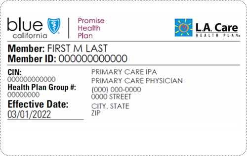 Blue Shield Promise Health Plan, Los Angeles County member ID card sample, with member name, member ID and effective date, front side