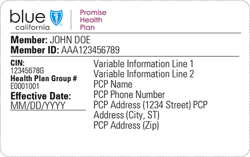 Blue Shield Promise Health Plan, San Diego County member ID card sample, with member name, member ID and effective date, front side
