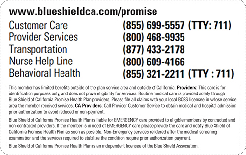 Blue Shield Promise Health Plan, San Diego County member ID card sample, with phone numbers, back side